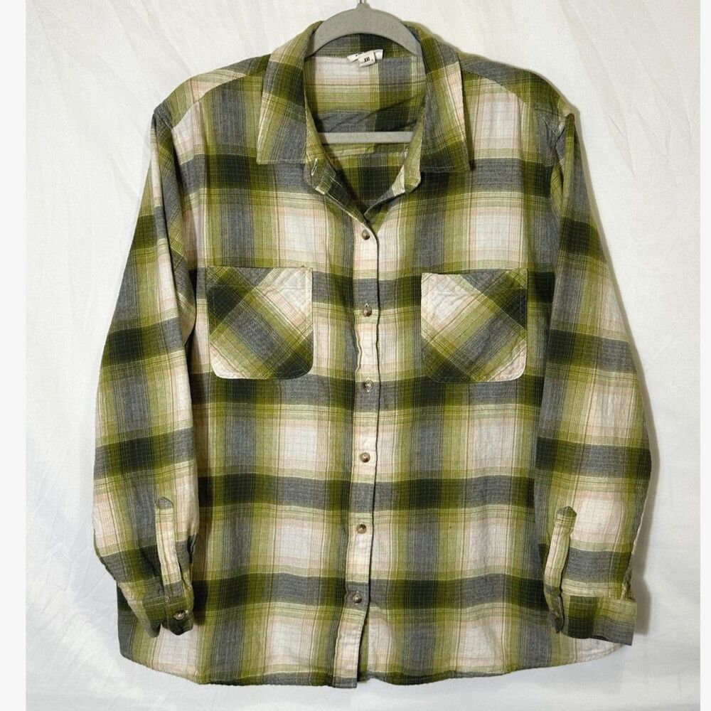 a.n.a A New Approach Women's XXL Green Gray Plaid Flannel Button Down Shirt
